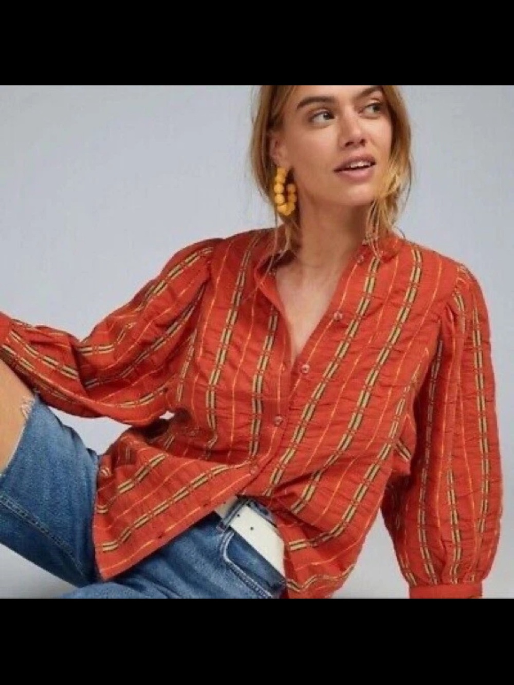 Pilcro the Bella Femme Button Down Puff Sleeve Top Size Small Boho Fall Festival - Picture 2 of 7